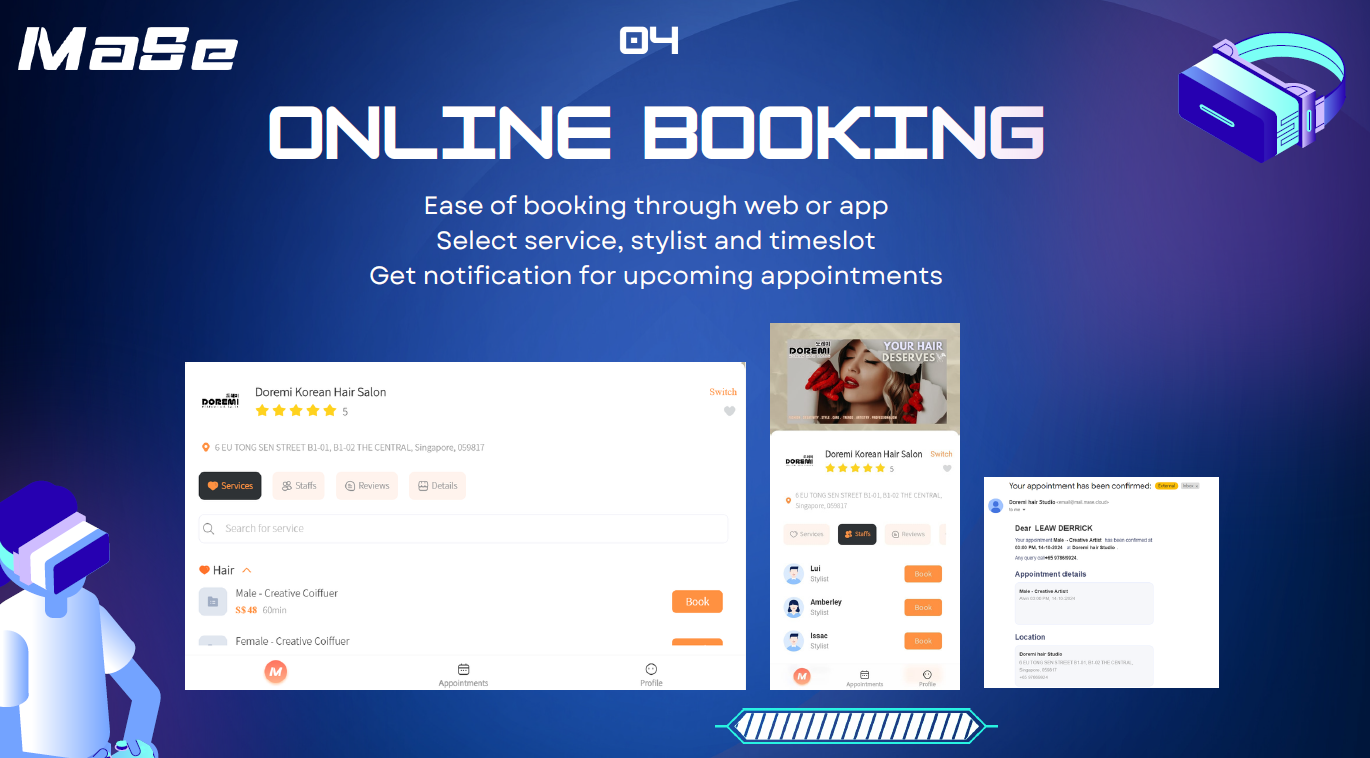 MaSe online booking for Doremi Korean Hair Salon in Singapore: service list with prices, stylist selection on mobile, and an appointment confirmation email