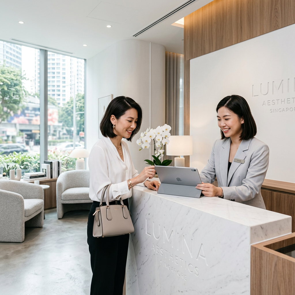 Aesthetic clinic receptionist checking in a client on a tablet
