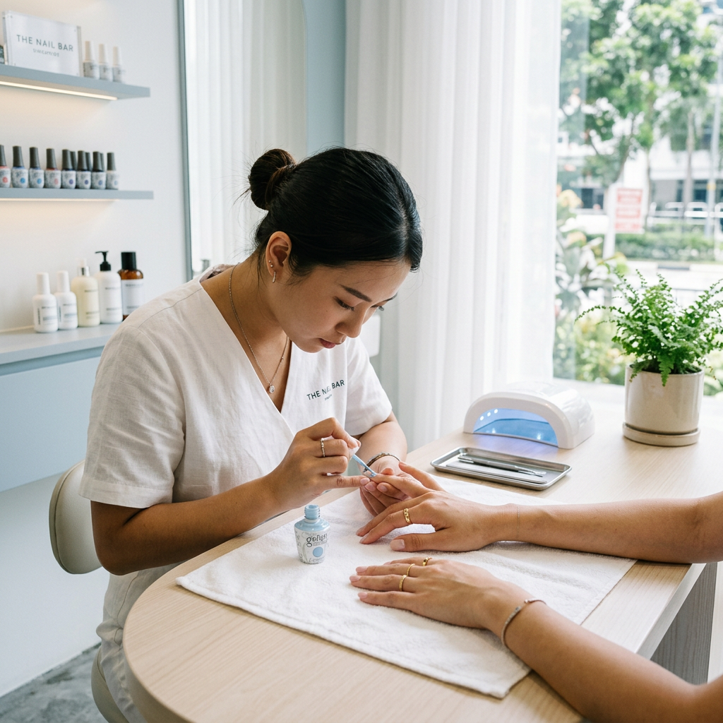 Manicurist applying gel polish in a bright nail studio