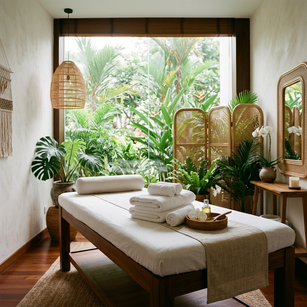 Spa treatment room with tropical plants and rattan details